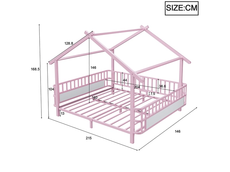  Lit enfant cabane en métal 140 x 200 cm avec barrières de sécurité, rose  - Conforama C