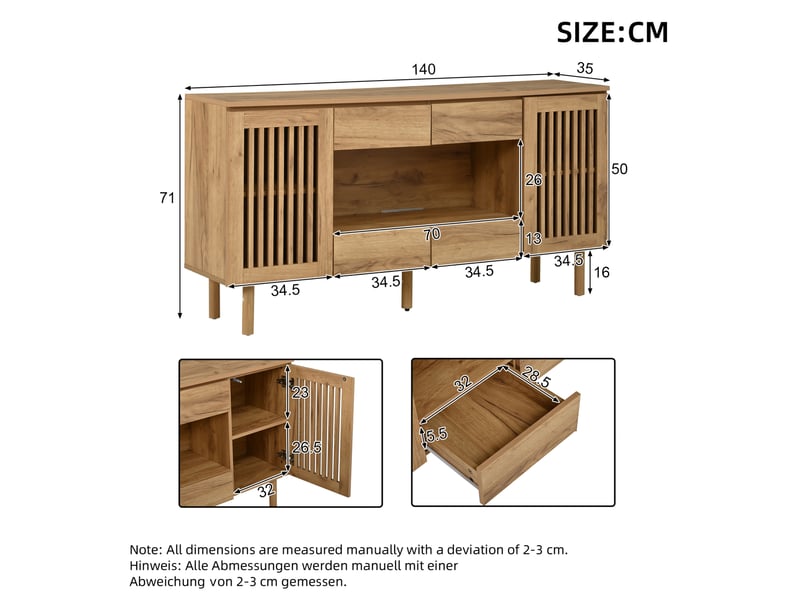 Sideboard 140x35x71 cm avec 4 tiroirs et 2 portes lamellées en mdf coloris naturel - Conforama E