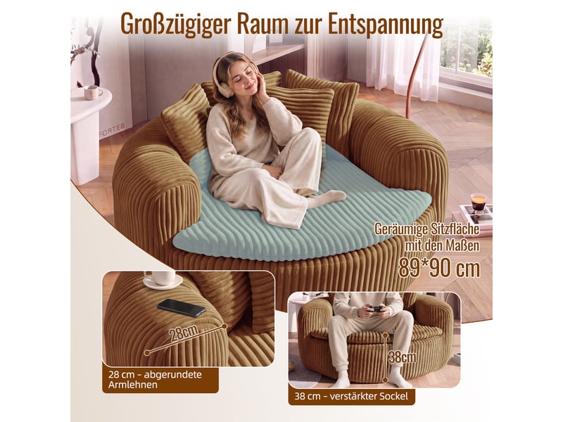  Fauteuil lounge 1 places en velours côtelé camel, assise profonde 89×90 cm, 5 coussins, sans montage, design arrondi  - Conforama E