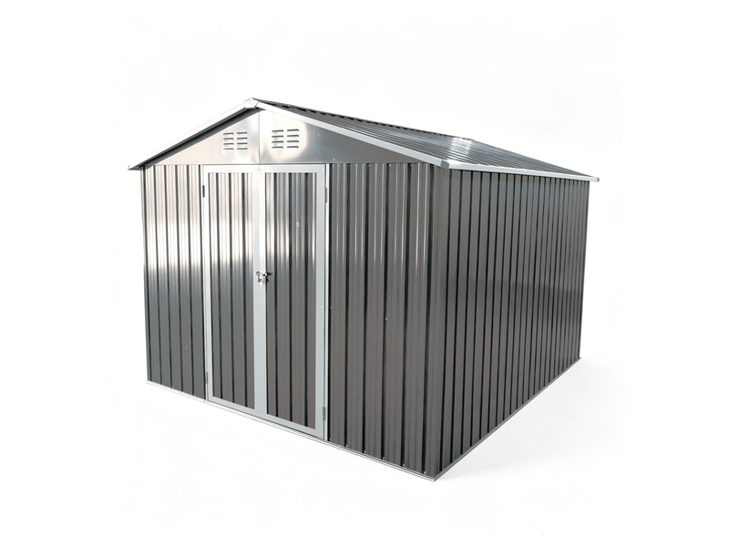  Abri de jardin en métal 10 x 8 pieds gris avec toit à deux pentes, cadre de sol intégré, 7,46 m²  - Conforama A