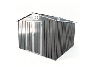 Abri de jardin en métal 10 x 8 pieds gris avec toit à deux pentes, cadre de sol intégré, 7,46 m²