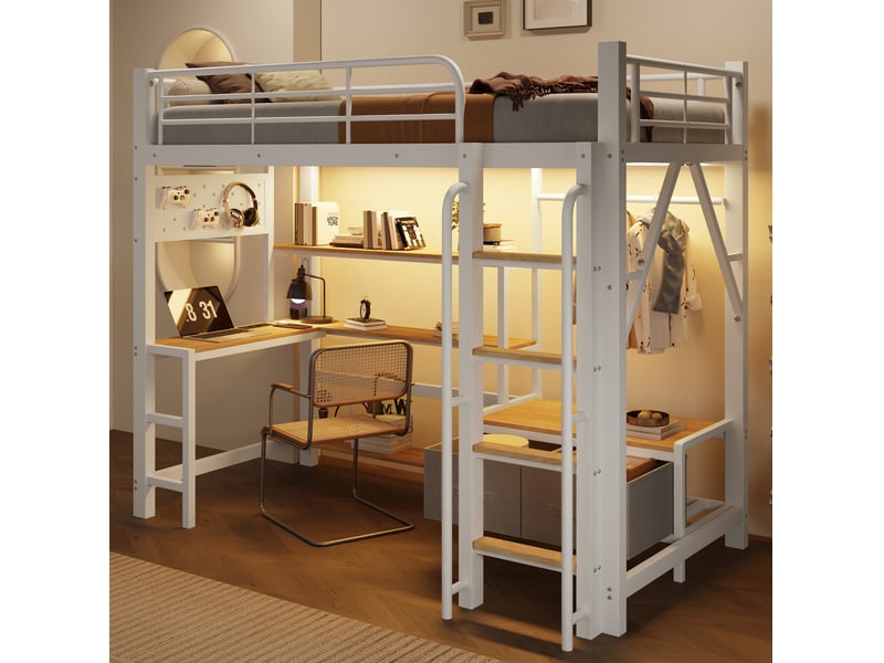  Lit mezzanine enfant 90 x 200 cm blanc avec bureau, rangement, led et usb, structure métal et mdf, sans matelas  - Conforama E