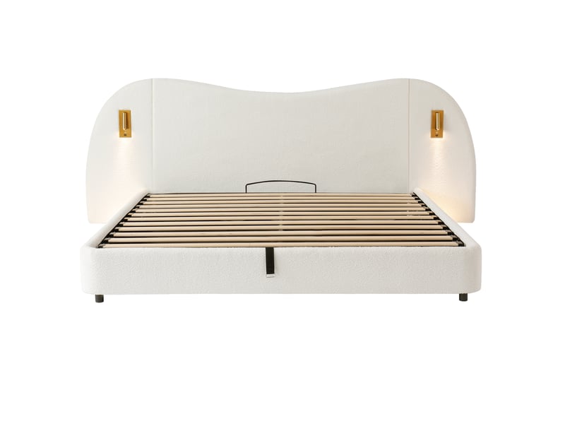  Lit double rembourré 180x200 cm avec rangement, usb, lampe de lecture et tête de lit bouclé blanc  - Conforama A