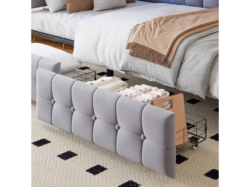  Lit enfant 90x200 cm avec 2 tiroirs et bandeau led, tissu, gris clair, sans matelas  - Conforama E