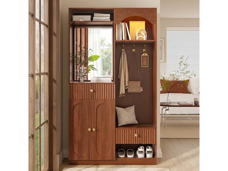  Vestiaire d'entrée avec miroir et banc, meuble d'entrée avec éclairage led, vestiaire compact en noyer, 100x35x180 cm  - Conforama C