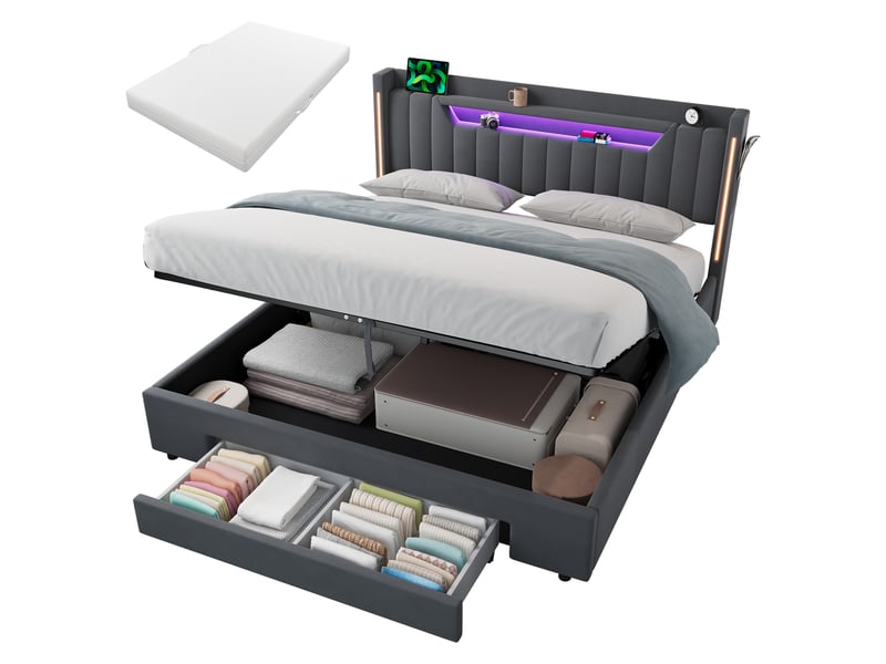 Lit rembourré 160 × 200 cm 2 places avec matelas et poches latérales, lit pour enfant avec tiroirs et éclairage led, lit fonctionnel avec coffre de rangement, gris - Conforama A