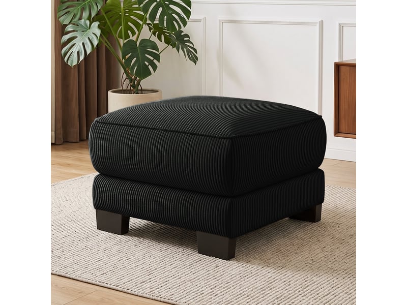Pouf carré noir en velours côtelé avec pieds, repose-pieds confortable pour salon - Conforama B