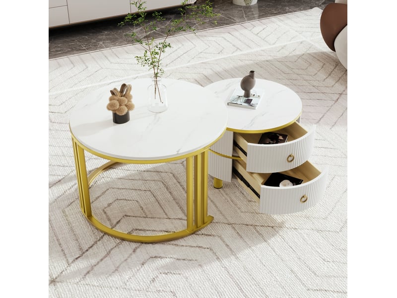  Tables basses rondes gigognes 2 pièces – mdf blanc et doré – décor marbre, 2 tiroirs – ø70 x h46 ø50 x h40 cm  - Conforama B