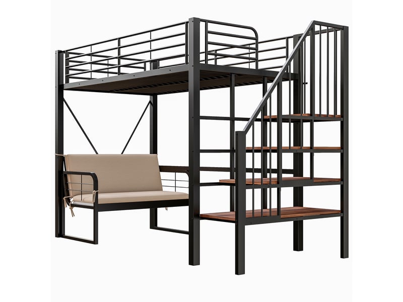  Lit superposé métal noir 90x200 cm, canapé rembourré amovible, rangement et escalier sécurisé  - Conforama D
