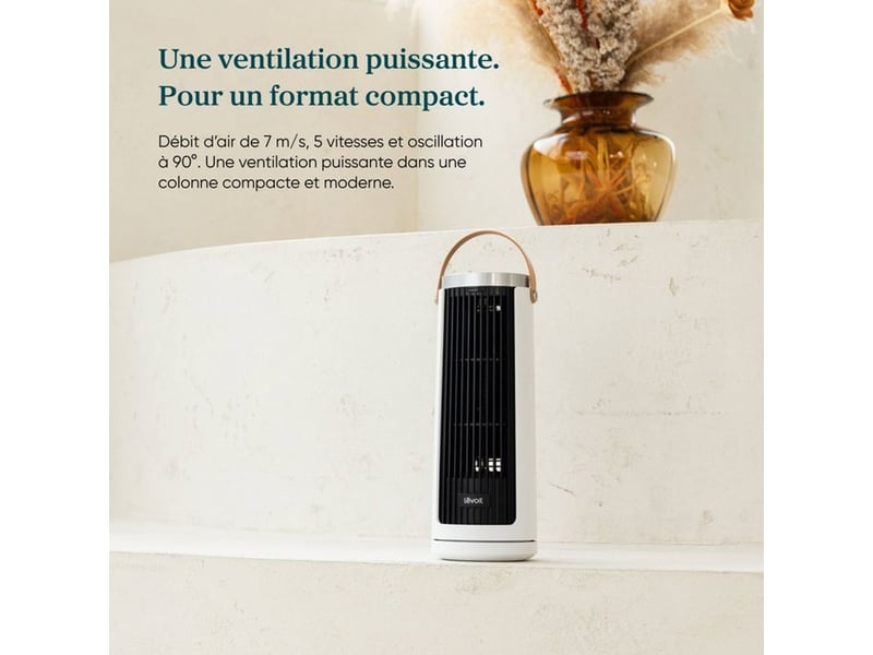  Ventilateur vertical mini sans fil rechargeables 5 vitesses auto oscillation 90° pour table ou sol noir blanc LEFAF132BW - Conforama E