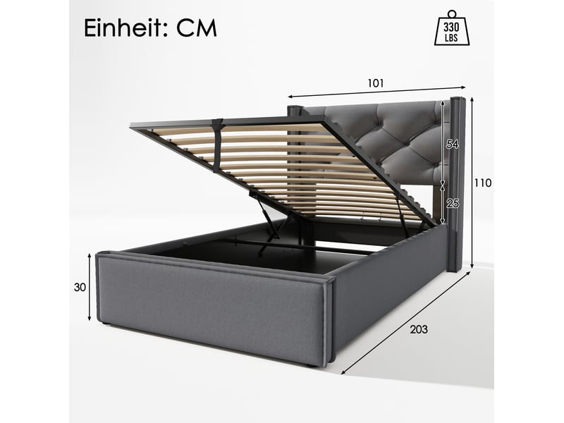  Lit simple coffre 90x200 cm avec rangement bois et métal gris sans matelas  - Conforama C