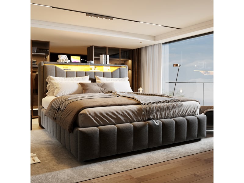  Lit coffre 180x200 cm à relevage hydraulique, tête de lit avec espace de rangement, led, ports usbusb-c, revêtement en lin, lit double rembourré - gris (sans matelas)  - Conforama C