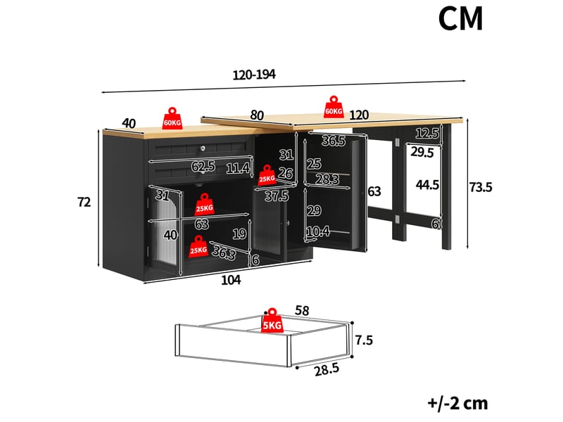 Desserte de cuisine 120194x40x73,5 cm, extensible, rotatif à 360°, portes vitrées et tiroirs, mdf, métal, couleur noir - Conforama C