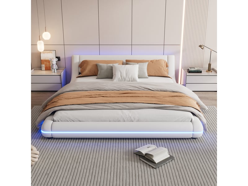  Lit au sol blanc 160x200 cm en similicuir pu avec éclairage led d’ambiance  - Conforama B