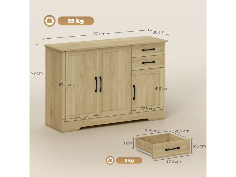  Buffet 3 portes avec 2 tiroirs et étagère réglable, 120x38x79 cm, bois naturel et noir 838-587V00ND - Conforama C