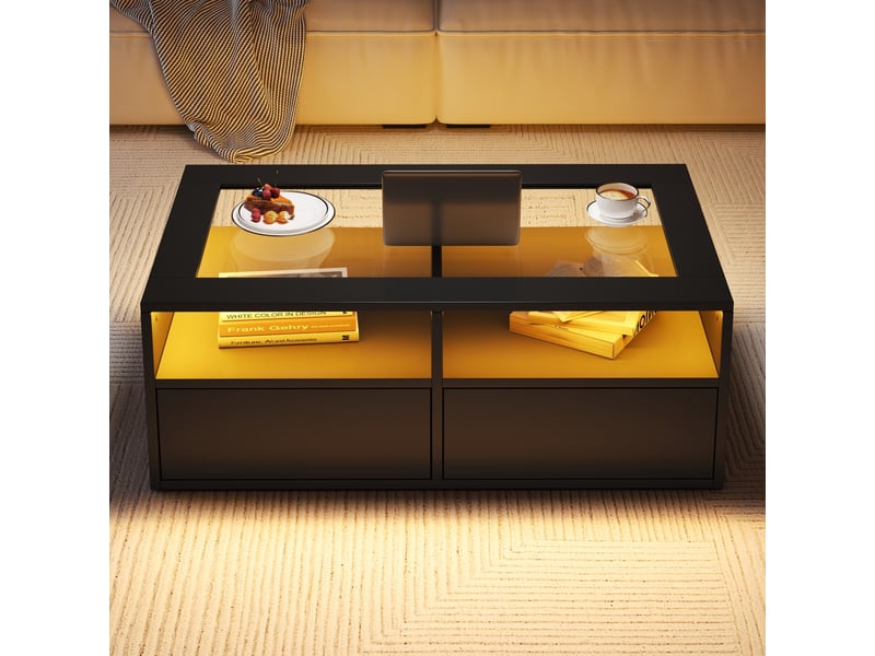  Table basse led 100 x 50 x 35 cm, 2 tiroirs, verre trempé et rangements ouverts, noire  - Conforama E