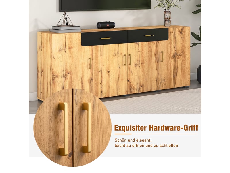 Buffet 4 portes 2 tiroirs, meuble de rangement 208 x 39,5 x 80 cm, finition chêne et noire, étagères intérieures - Conforama R