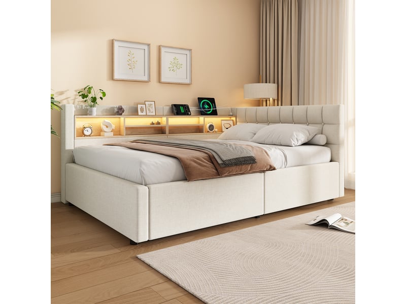  Lit superposé 140x200 cm, lit enfant, couchage d'appoint, rangement hydraulique, étagères, led, port usb, lin beige  - Conforama D