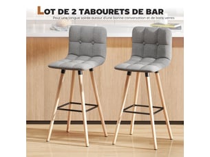 Lot de 2 tabourets de bar, chaises de bar capitonnées avec dossier et repose-pieds, 41,5x47x97,5cm, pieds en bois, gris