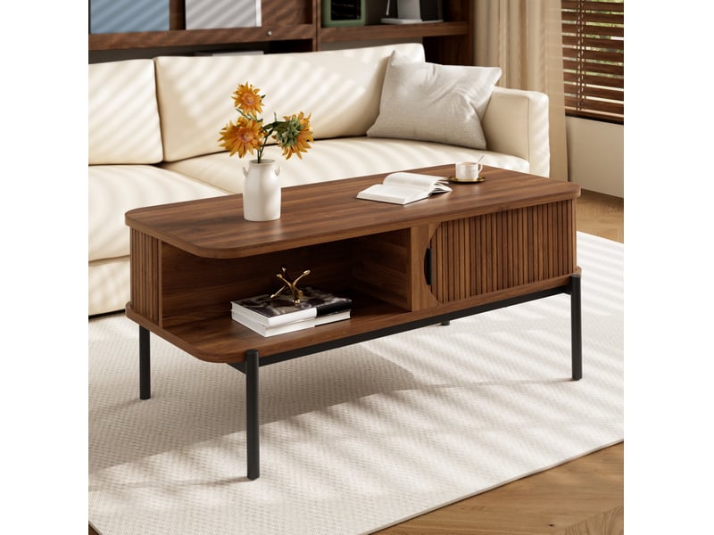  Table basse rectangulaire 100 x 45 x 43 cm avec rangement, portes coulissantes rainurées, plateau en mdf  - Conforama B