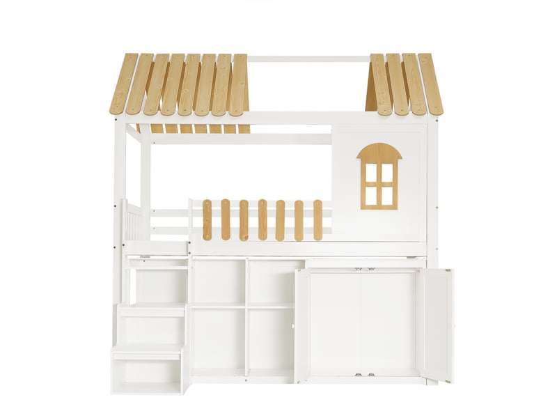  Lit mezzanine enfant 90x200 cm, avec armoire et escalier de rangement gain de place, en bois de pin massif, blanc  - Conforama D