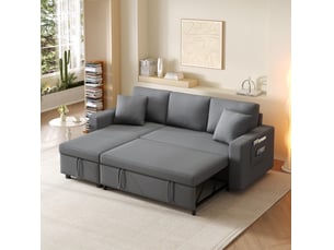 Canapé d'angle convertible 3 places en tissu gris foncé, méridienne réversible et rangement intégré