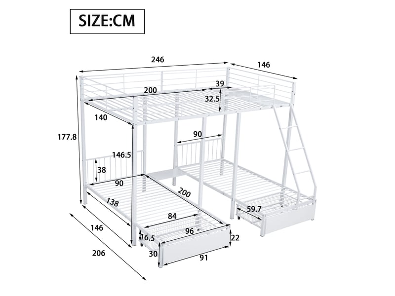  Lit superposé 90x200 cm et 140x200 cm avec rangement intégré et barrière de sécurité - cadre métallique robuste - blanc  - Conforama C