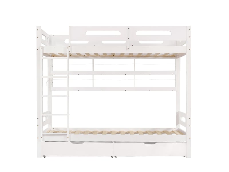  Lit superposé enfant 90x200 cm – blanc – 2 tiroirs à roulettes et étagères latérales de rangement ouvertes  - Conforama D