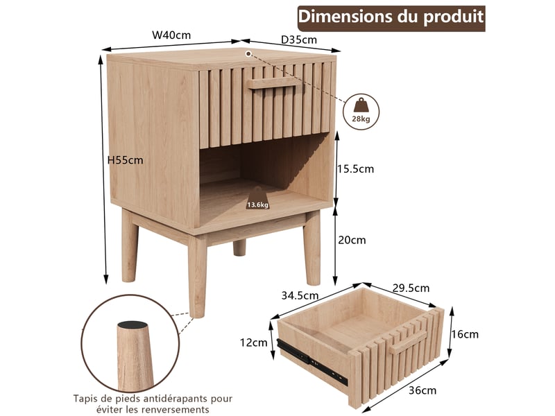 Table de nuit lot de 2, table de chevet bois massif avec tiroirs et compartiments ouverts, table d'appoint pour salon chambre, 40 x 35 x 55 cm - Conforama C