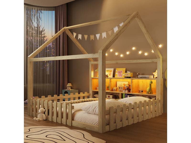 Lit cabane enfant 90x190 cm, lit au sol avec barrières de sécurité, led, rangements ouverts intégrés en tête de lit, pin naturel et mdf - Conforama B