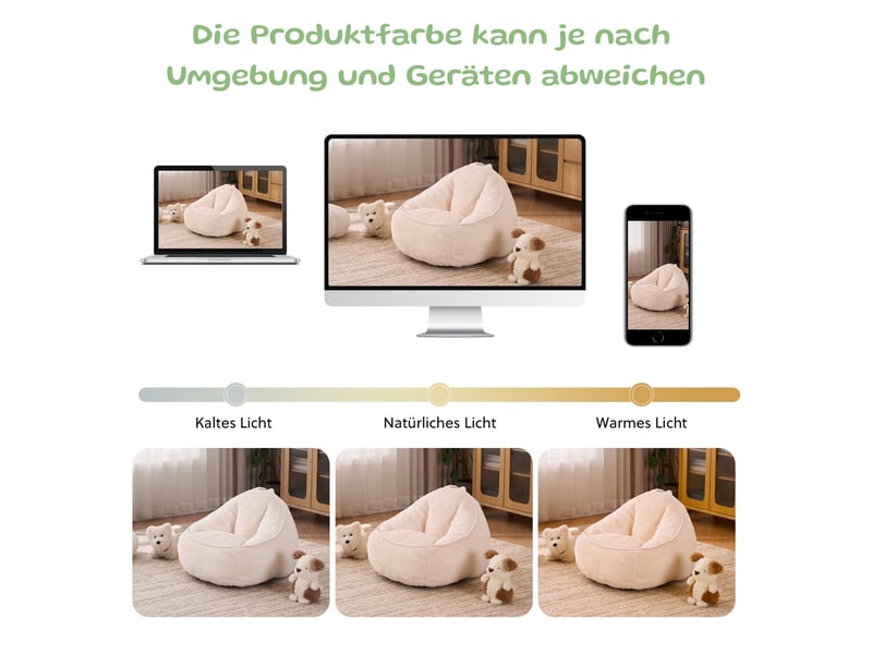  Fauteuil pouf enfant à dossier enveloppant pour jeu et lecture, rembourré de mousse en velours côtelé beige  - Conforama E