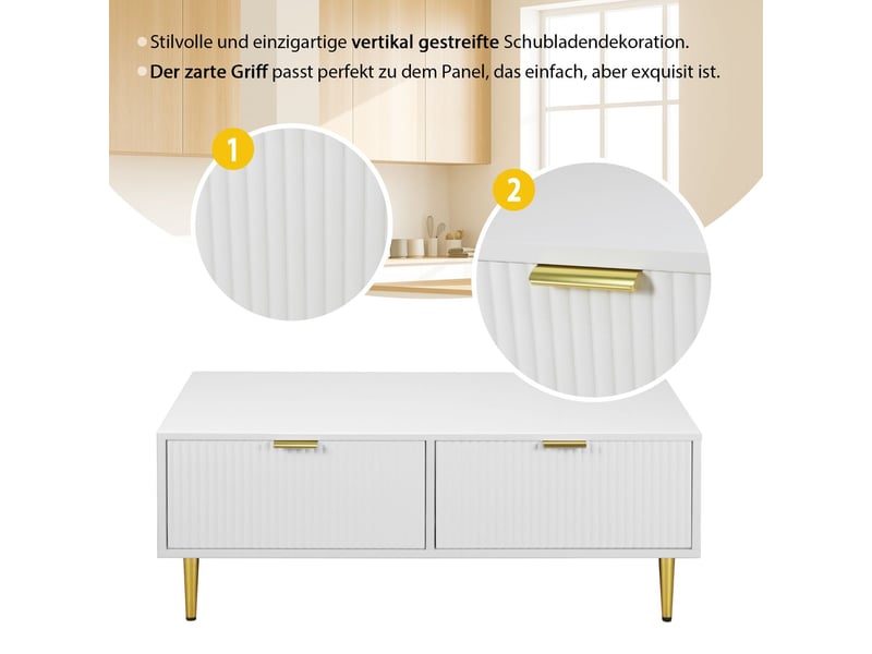  Table basse 100x50, design blanc et doré table basse salon, 2 tiroirs rangement intégré, structure métal doré  - Conforama C