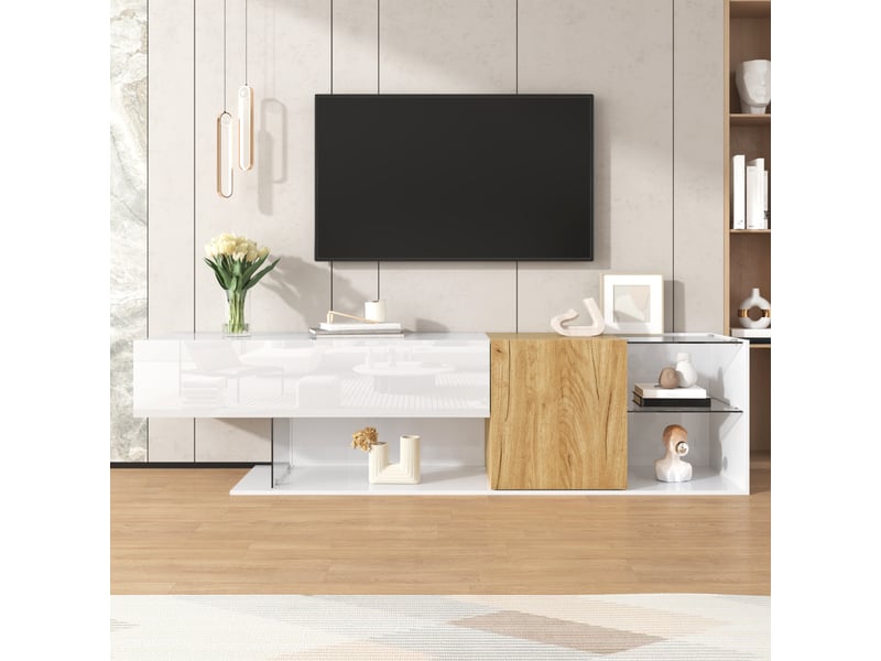  Meuble tv 180 cm blanc brillant et bois - étagères en verre - design minimaliste et qualité  - Conforama C