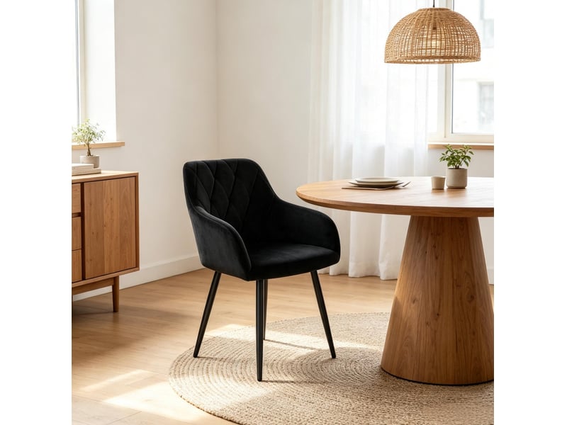 Chaise de salle à manger avec accoudoirs, assise en velours noir et pieds en métal - Conforama C