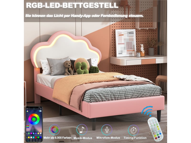  Lit enfant 90x200, lit simple avec led et sommier à lattes, tête lits réglable en forme de nuage, rose lit princesse rembourré, pu  - Conforama R