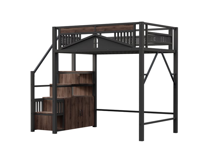  Lit mezzanine enfant 140x200 cm – noir – escalier avec rangements et barrière de sécurité - sans matelas  - Conforama E