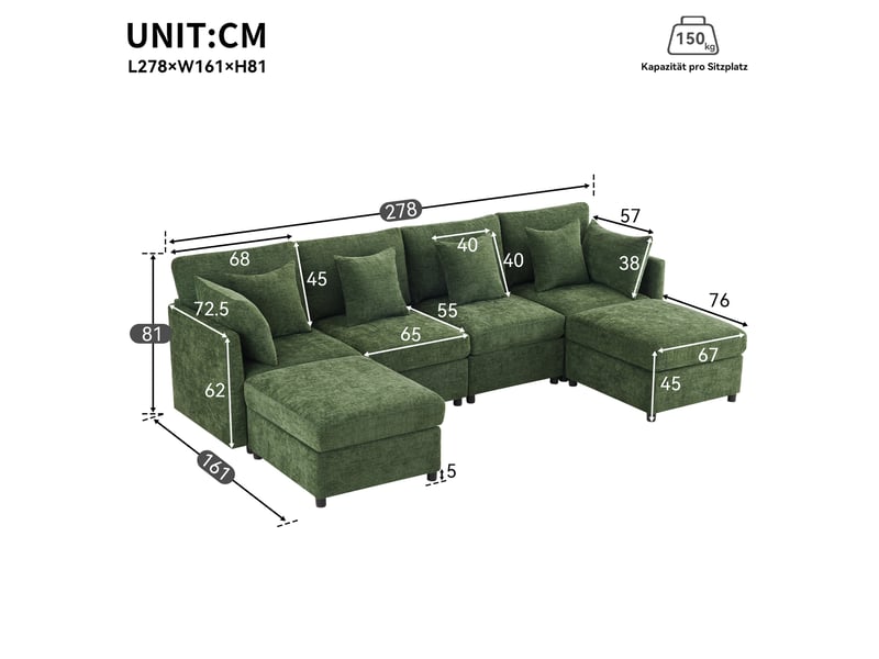 Canapé d'angle modulaire 278x161 cm avec 2 poufs et 6 coussins, canapé 4 places en tissu chenille vert - Conforama C