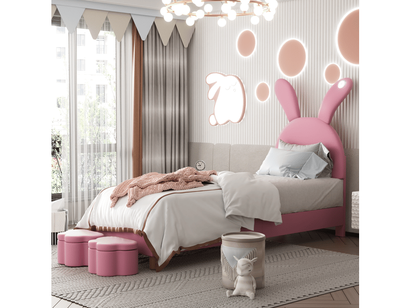  Lit 1 place 90x200 cm avec led, rangement et oreilles de lapin rose  - Conforama C