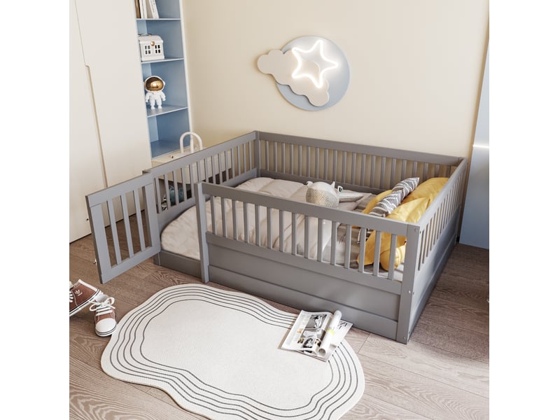  Lit enfant 140x200 cm avec barrière et porte bois gris sans matelas  - Conforama B