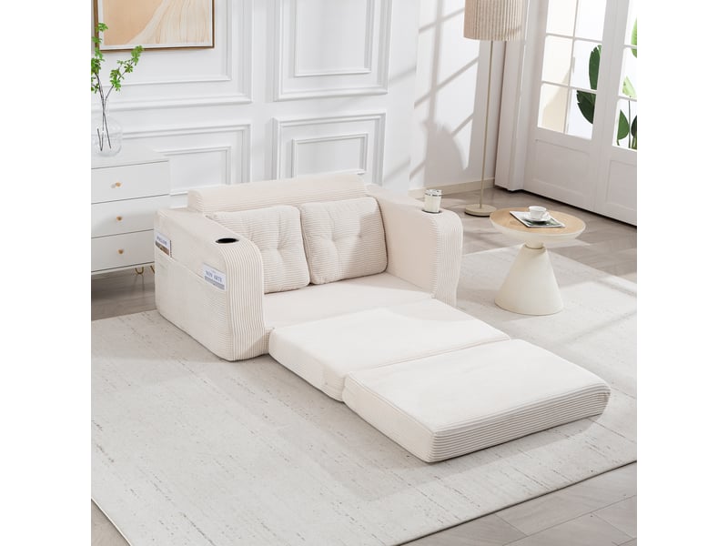 Canapé convertible 2 places en velours côtelé beige 136 cm, canapé lit compact avec assise rembourrée pour petit salon IKSETERA TRADING LTD - Conforama E