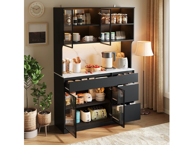  Buffet et enfilade avec tiroirs, niches et vitrines led pour salle à manger, mdf noir et blanc, 120 × 40 × 180 cm  - Conforama D