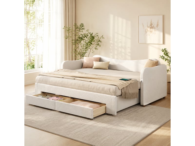  Lit simple 90x200 cm transformable en 180x200 cm, 2 tiroirs, en bouclé beige  - Conforama D