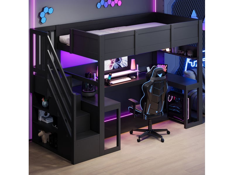  Lit mezzanine 90x200 cm avec bureau, led, usb et rangements, noir, sans matelas  - Conforama W