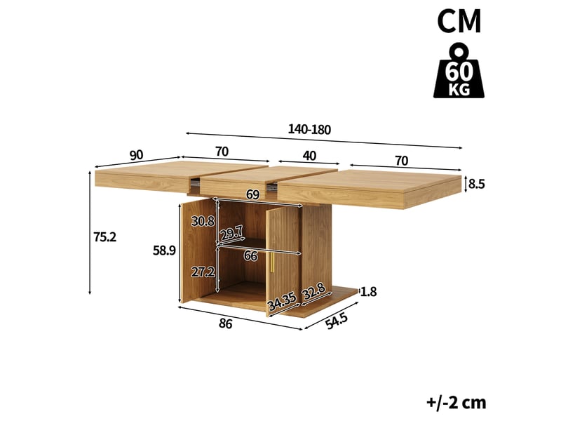  Table à manger extensible 140–180 cm, rangement intégré, portes rainurées  - Conforama C