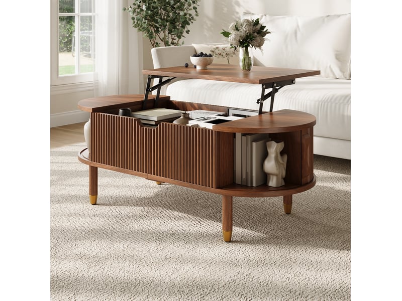  Table basse ovale relevable avec 2 portes et rangement 110x48x57 cm mdf coloris noyer  - Conforama W