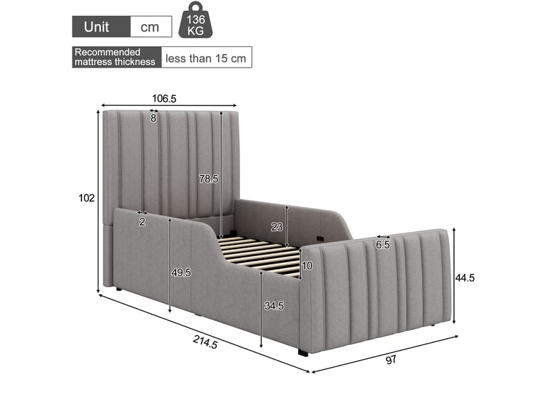  Lit coffre hydraulique 90x200 cm en lin gris avec sommier à lattes  - Conforama C