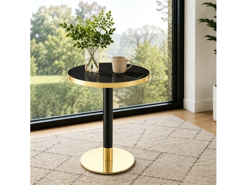  Table de salle à manger ronde avec pied central, plateau effet marbre et bord doré, en mdf et métal noir, ø 60 × 73,7 cm  - Conforama B
