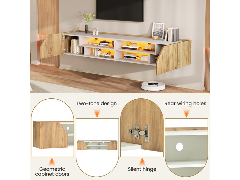 Meuble tv mural 180 x 36,5 x 40 cm blanc et bois naturel avec led rgb bluetooth - Conforama B