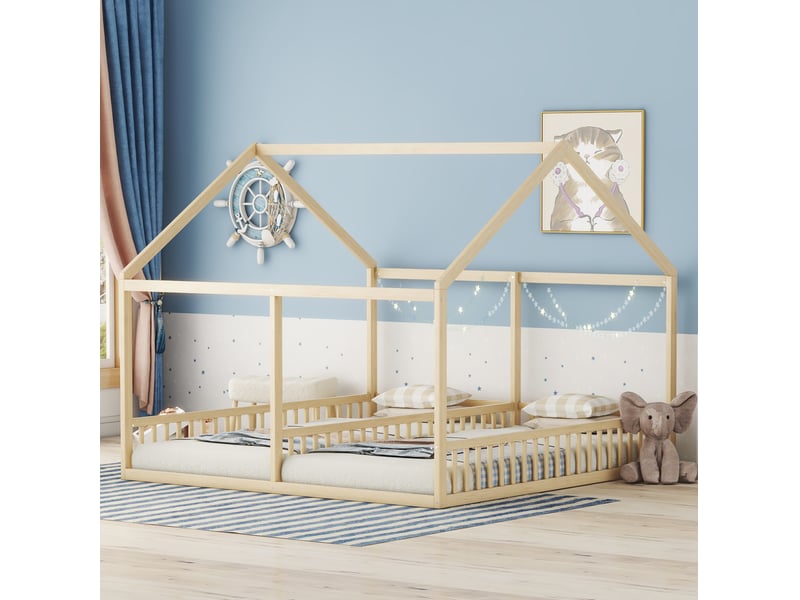  Lit cabane enfant 2 x 90x200 cm avec barrières, structure en pin et mdf naturel  - Conforama E