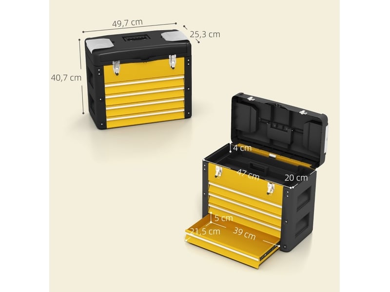  Boîte à outils vide avec 4 tiroirs 49,7 x 25,3 x 40,7 cm, jaune, acier et plastique, à poignée  - Conforama C